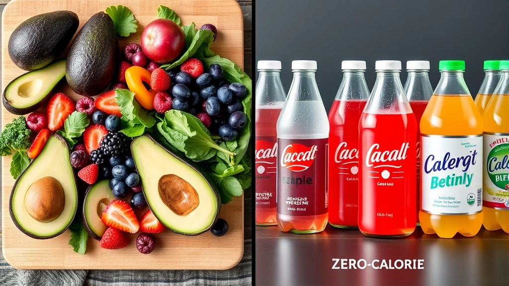 Split-screen comparison visual: left side shows a colorful array of fresh fruits and vegetables including avocados, berries, and leafy greens on a wooden cutting board; right side shows various zero-calorie beverage bottles and cans arranged neatly, representing healthy versus artificially sweetened drink choices