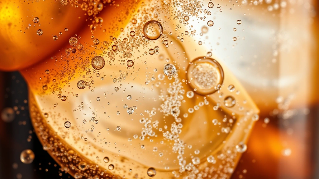 Macro photography of carbonated bubbles rising through a clear cola beverage in a glass with ice, capturing the fizzy texture and transparency of the liquid, with soft studio lighting that creates depth and visual interest without any visible text or labels