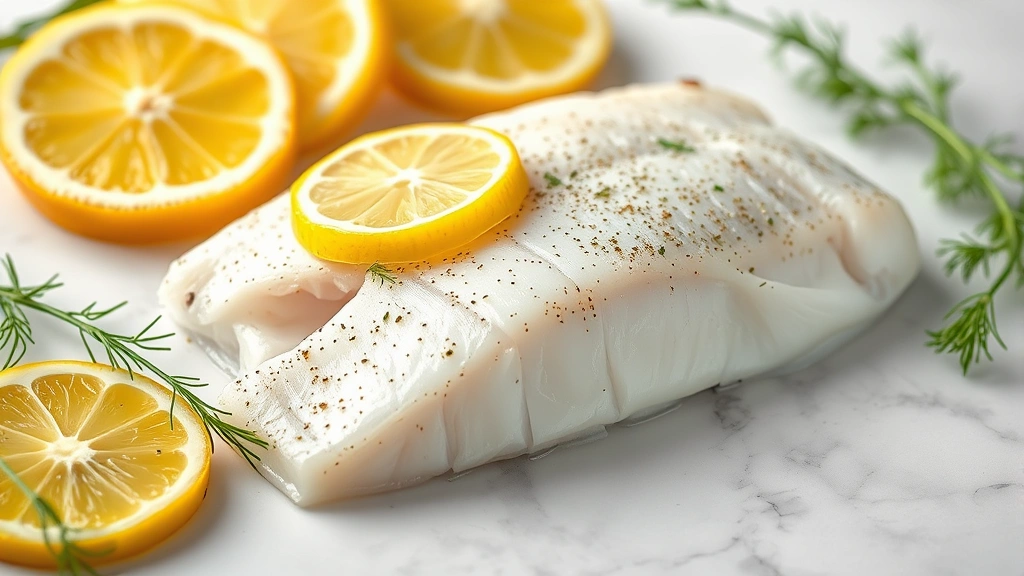 Close-up of fresh Atlantic cod fillet on white marble countertop with fresh lemon slices and dill sprigs, professional food photography, natural lighting, shallow depth of field, high-quality culinary presentation