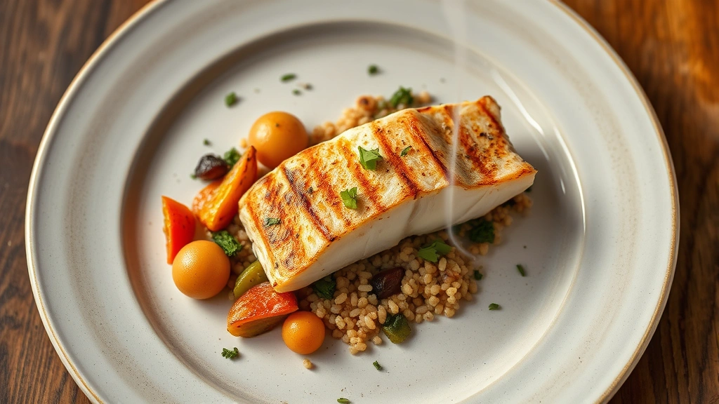 Overhead shot of grilled cod on ceramic plate with roasted vegetables, quinoa, and herbs, warm natural lighting, restaurant-quality plating, steam rising from fish, professional food styling