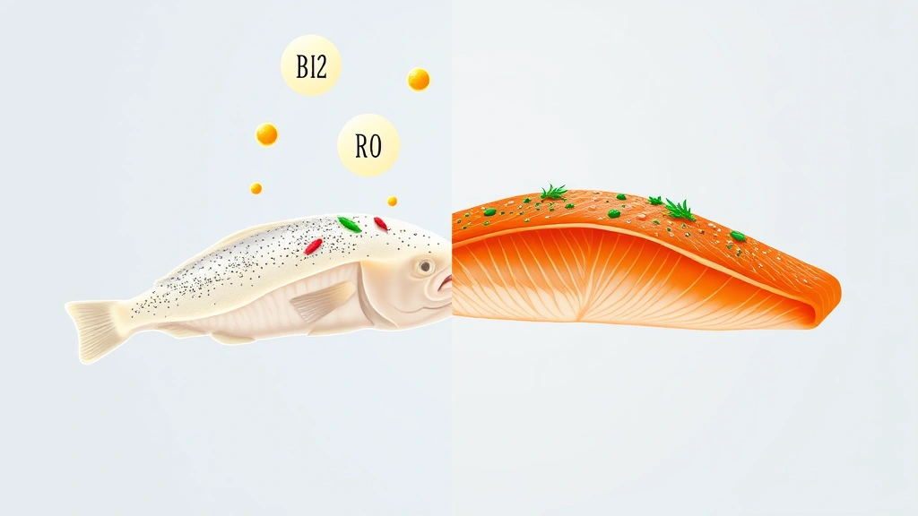 Split-screen nutritional comparison visualization: cod fillet on one side with floating micronutrient icons (selenium, B12, protein), salmon fillet on other side, modern clean design, health and wellness aesthetic, digital illustration style