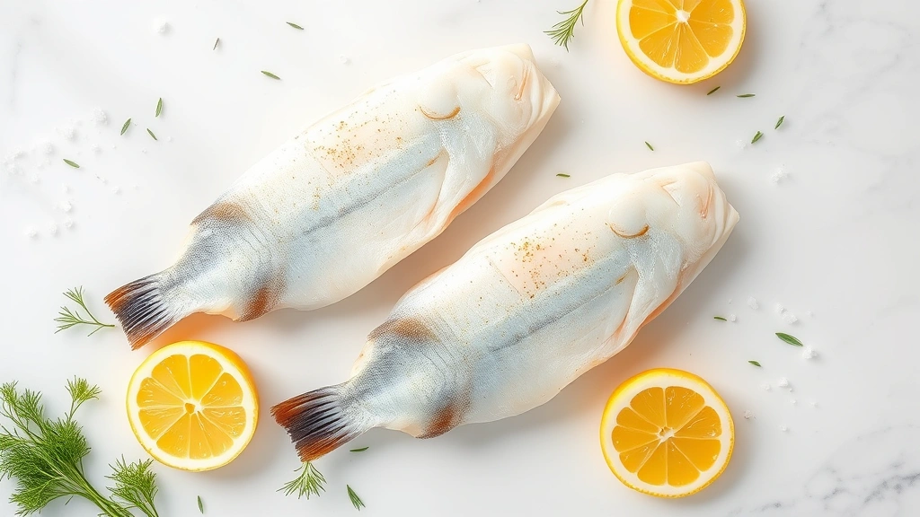Professional overhead shot of fresh Atlantic cod fillets on white marble counter with lemon wedges, fresh dill, and sea salt scattered nearby, natural window lighting, food photography style