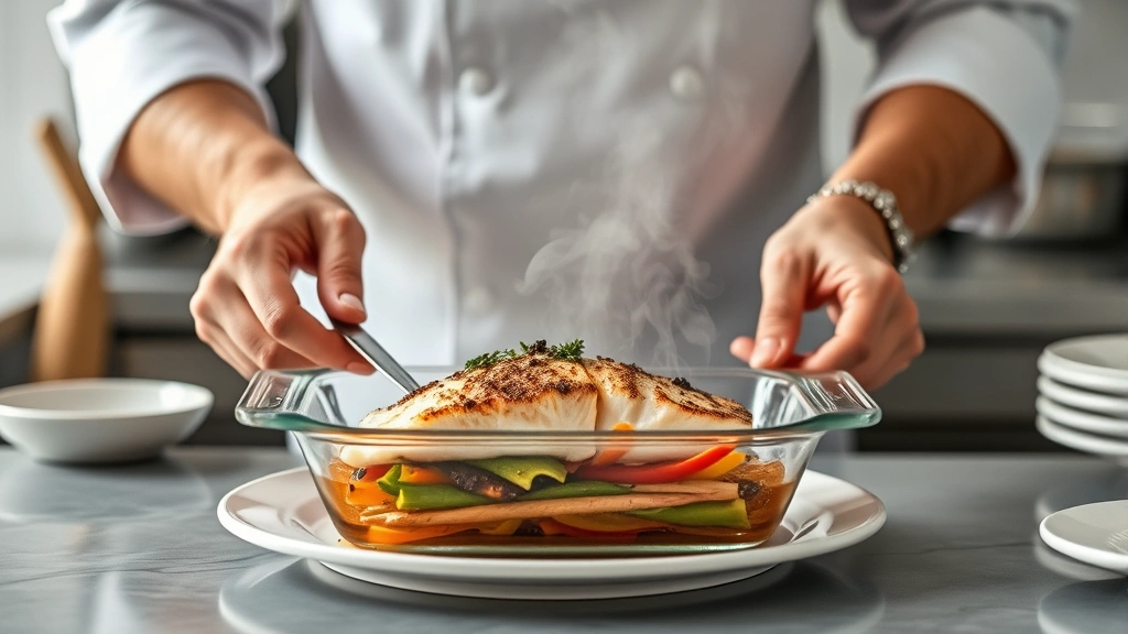 Modern kitchen scene showing chef's hands preparing steamed cod in glass baking dish with vegetables, steam rising, minimalist plating preparation, professional culinary photography