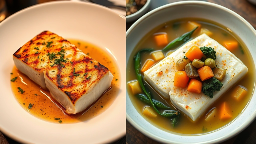 Split-screen comparison showing prepared cod dishes on left side (grilled fillet with herbs) and right side (poached in broth with vegetables), restaurant-quality presentation, warm professional lighting