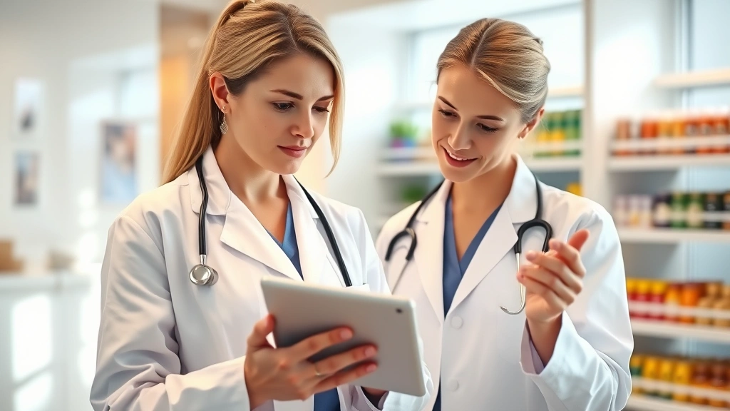 Professional dietitian in white coat reviewing nutrition labels on tablet in modern clinic setting, soft natural lighting, focused expression analyzing dietary information