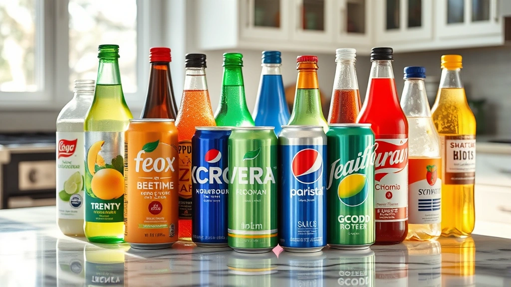 Close-up of various zero-calorie beverage cans and bottles arranged on marble countertop, morning sunlight streaming through kitchen window, emphasizing product diversity