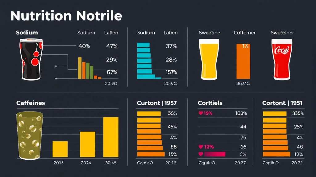 Digital visualization of nutrition data with colorful charts showing sodium, caffeine, and sweetener content comparisons between diet beverages, clean modern design aesthetic