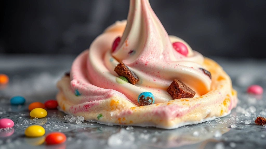Close-up of colorful ice cream being mixed on a frozen stone surface with candy and brownie pieces visible, vibrant dessert texture, professional food photography lighting, shallow depth of field, no text or branding visible