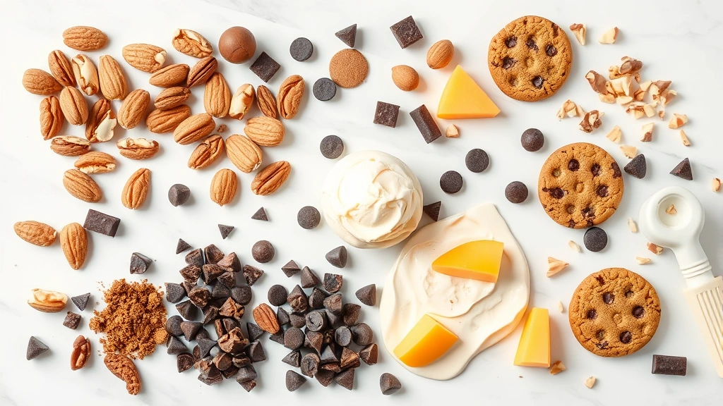 Overhead flat lay of various ice cream mix-in ingredients arranged artfully—nuts, chocolate chips, cookie pieces, fruit—on white marble surface, minimalist composition, natural daylight, nutritional concept visualization