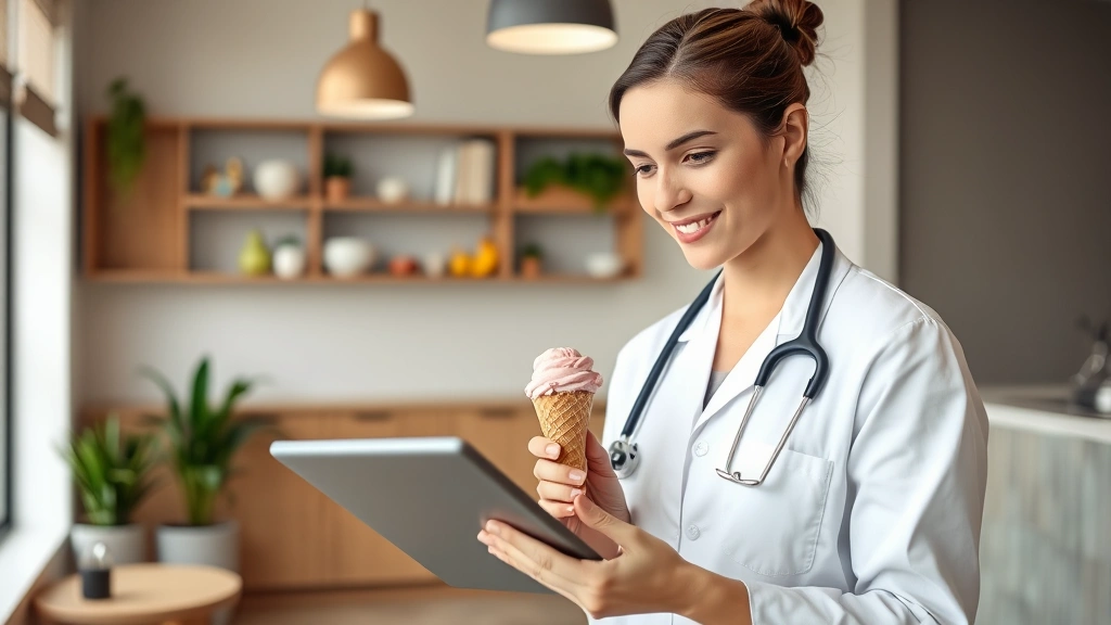 Registered dietitian reviewing nutritional information on tablet while holding small ice cream cone, modern clinic setting with wellness-focused decor, professional headshot style, representing expert nutrition analysis