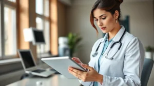 Professional dietitian in modern clinical office reviewing nutritional data charts on digital tablet, natural lighting from windows, healthcare environment, analytical expression, no text visible on screen