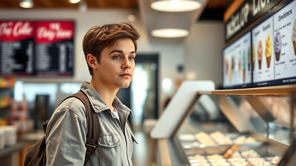 Person selecting ice cream at counter with thoughtful expression, looking at menu board, natural store lighting, casual clothing, decision-making moment captured, blurred background, no readable text on signage