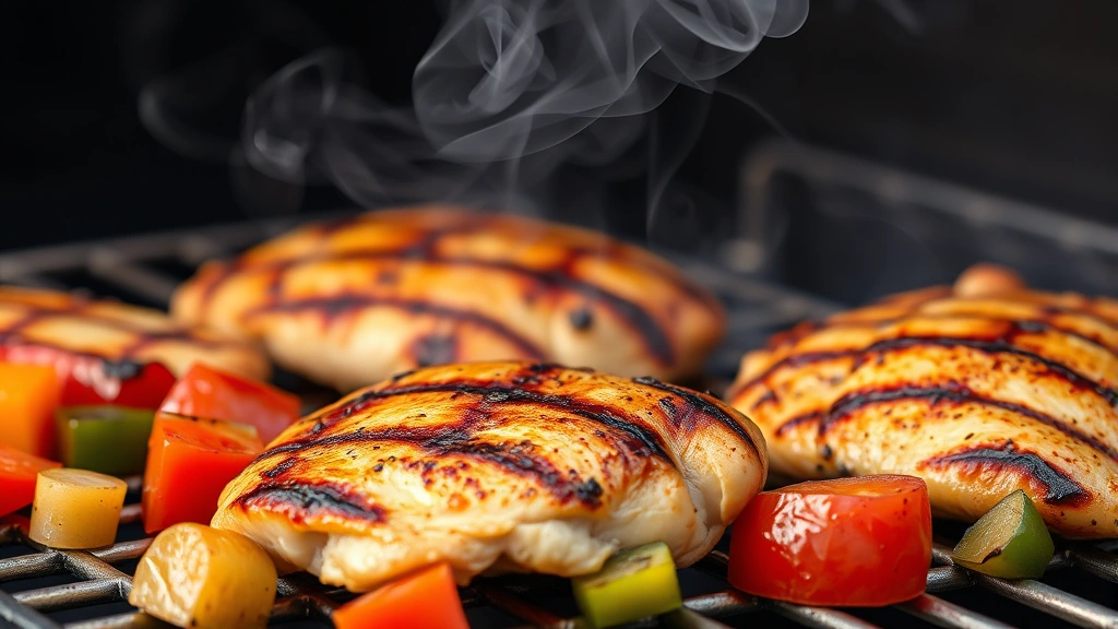 Close-up of grilled chicken breast and colorful vegetables on a metal grill grate with smoke wisping upward, showcasing lean protein preparation