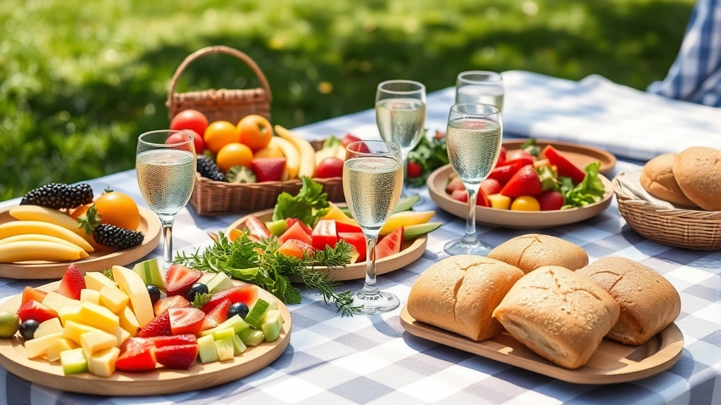 Outdoor picnic table spread with fresh fruit, vegetable platters, sparkling water glasses, and whole grain rolls in natural daylight