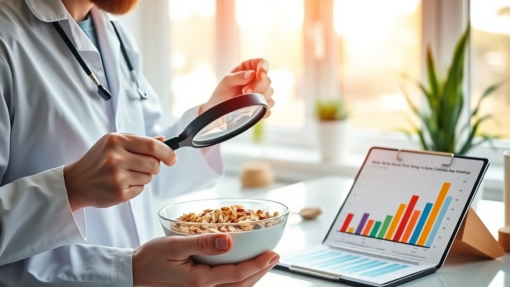 Professional nutrition scientist examining cereal bowl with magnifying glass, laboratory setting with nutritional data charts and health metrics displayed on clipboard beside the bowl, natural morning light through windows