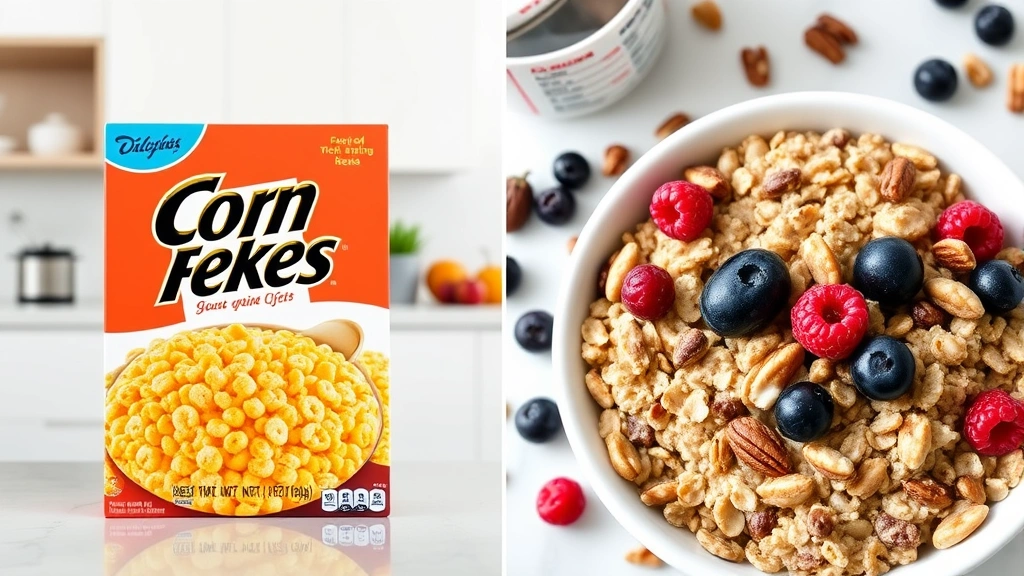 Split-screen comparison showing Corn Flakes cereal on left side and whole grain oatmeal with berries and nuts on right side, clean modern kitchen counter with measuring cups and nutrition labels visible
