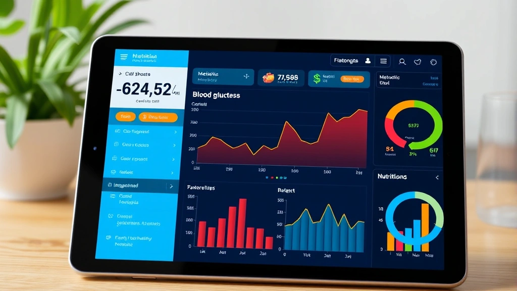 Digital health dashboard displaying blood glucose monitoring graph with breakfast cereal impact visualization, tablet screen showing metabolic response charts and nutritional analysis metrics in wellness app interface