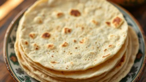 Close-up overhead shot of fresh corn tortillas stacked on a ceramic plate with traditional Mexican pottery visible, warm natural lighting highlighting texture and golden color