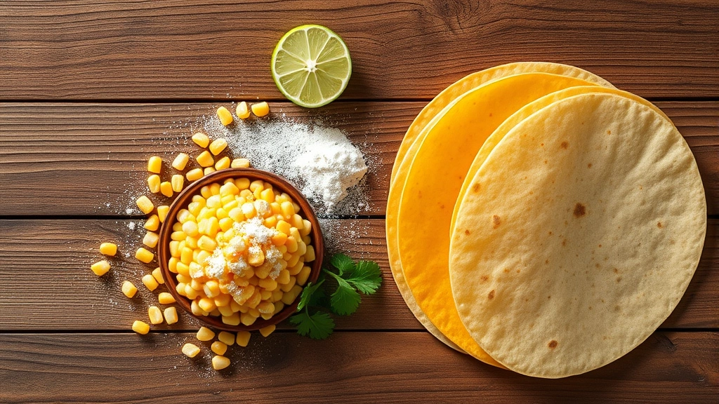 Flat lay composition of whole corn kernels, lime powder, and fresh corn tortillas arranged artistically on a rustic wooden surface with soft natural daylight