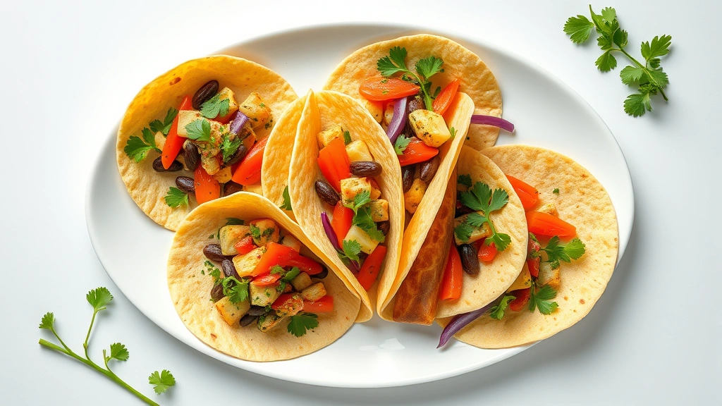 Vibrant flat lay of prepared corn tortilla meals featuring colorful vegetables, legumes, and fresh herbs arranged on a modern white plate with minimalist styling