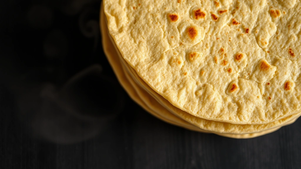 Close-up overhead shot of freshly made corn tortillas stacked on a dark wooden surface, steam rising, warm lighting highlighting texture and golden-yellow color, shallow depth of field
