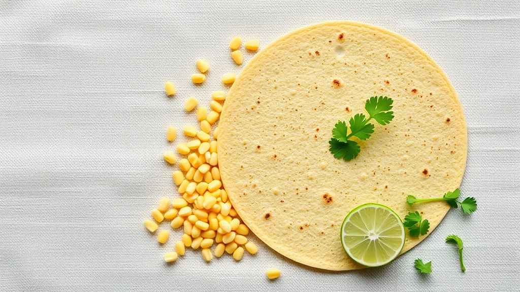 Flat lay composition of raw corn kernels scattered beside a whole corn tortilla and sliced fresh lime, cilantro garnish, natural daylight, minimal styling on neutral linen background