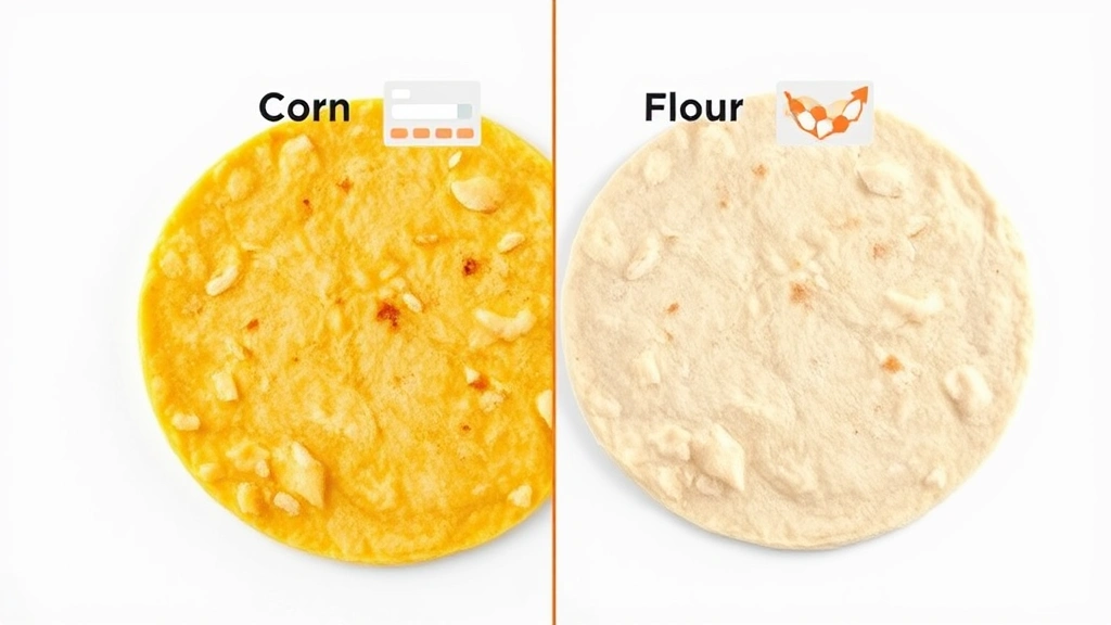 Split-screen side-by-side comparison visual showing corn tortilla on left and flour tortilla on right, with subtle nutritional indicator graphics floating above each, professional food photography lighting, clean white background