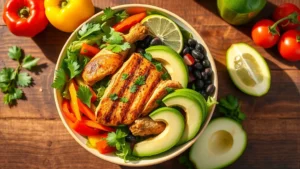 Professional overhead shot of vibrant fresh Mexican salad bowl with grilled chicken, colorful bell peppers, tomatoes, black beans, avocado slices, and lime wedges on wooden table with natural sunlight, no text or labels visible