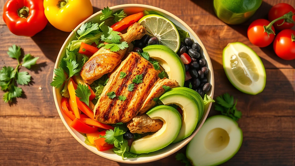 Professional overhead shot of vibrant fresh Mexican salad bowl with grilled chicken, colorful bell peppers, tomatoes, black beans, avocado slices, and lime wedges on wooden table with natural sunlight, no text or labels visible