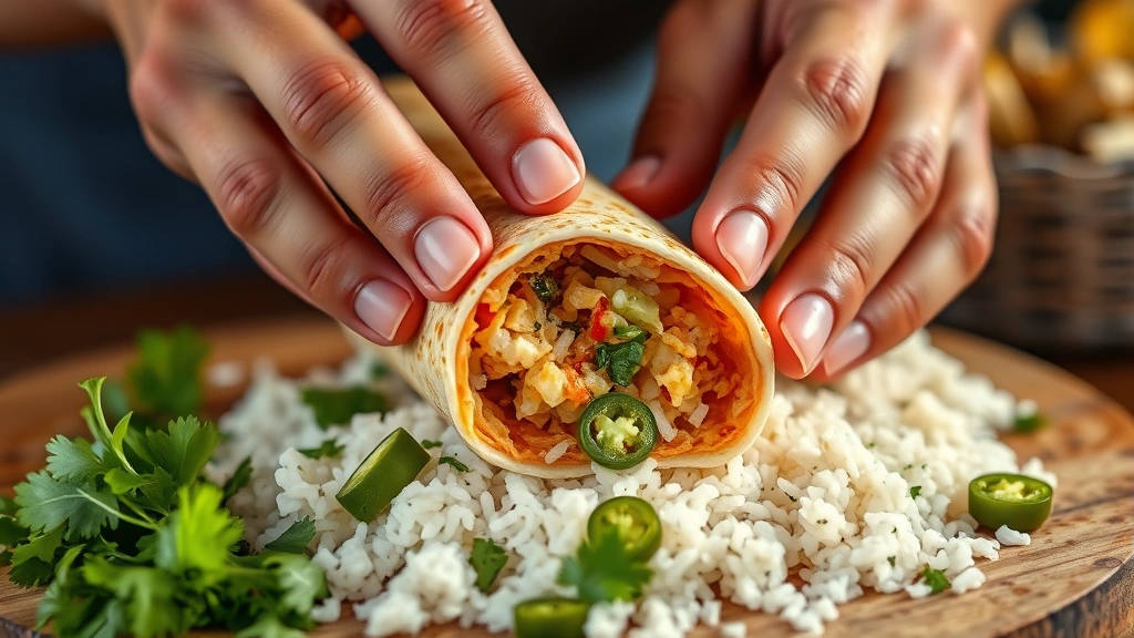 Close-up food photography of hands assembling Costa Vida style burrito with fresh ingredients including cilantro, jalapeños, and white rice visible, warm natural lighting emphasizing ingredient freshness