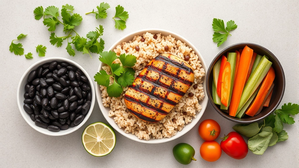 Flat lay composition of healthy Mexican meal components—separate portions of brown rice, black beans, grilled chicken breast, fresh cilantro, lime, and assorted fresh vegetables on neutral background with soft natural lighting