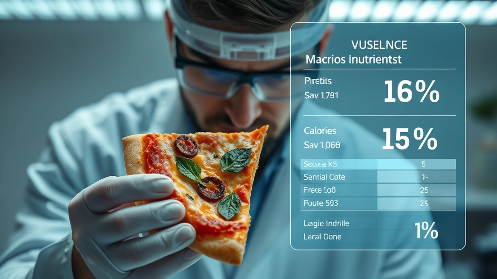 Overhead view of a food scientist examining a pizza slice under laboratory lighting, with digital nutritional data displayed on transparent overlay showing macronutrient percentages and calorie information