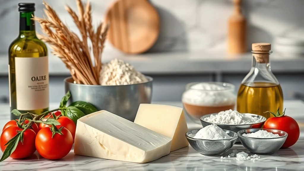 Professional kitchen setting displaying ingredients including fresh mozzarella cheese block, ripe tomatoes, wheat flour, olive oil bottle, and salt crystals arranged on marble countertop with soft natural lighting