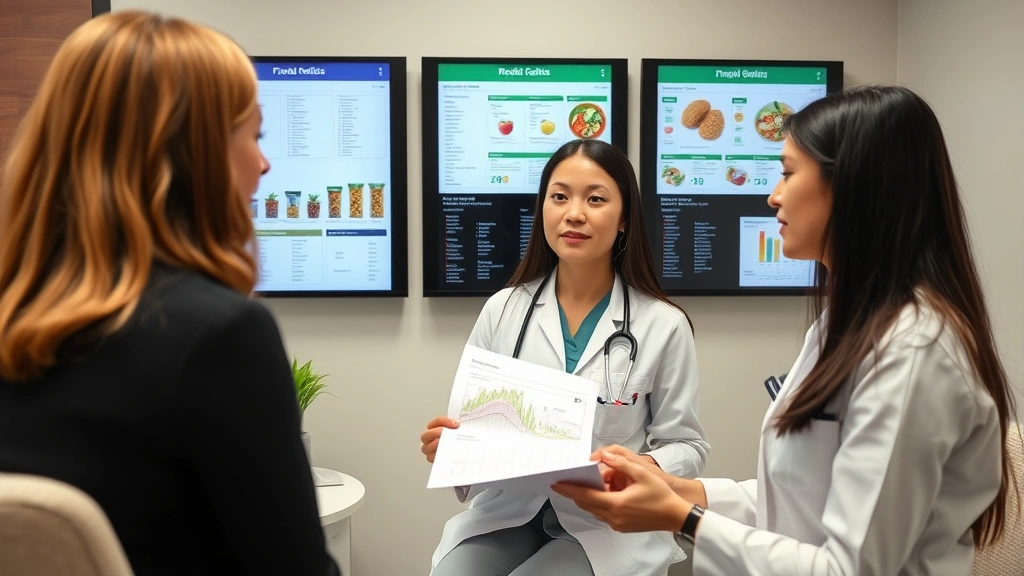 Registered dietitian consulting with patient in modern clinic office, reviewing nutritional charts and food guidelines on wall-mounted displays, professional healthcare environment