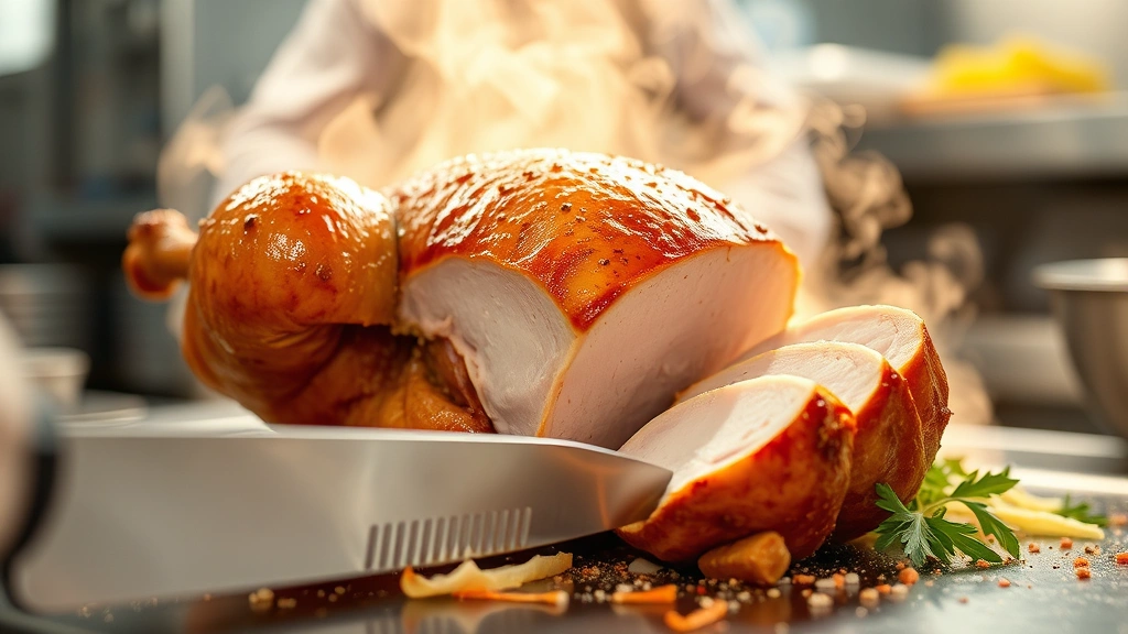 Professional food photography of a rotisserie chicken being sliced, steam rising, warm lighting, commercial kitchen setting, close-up macro shot