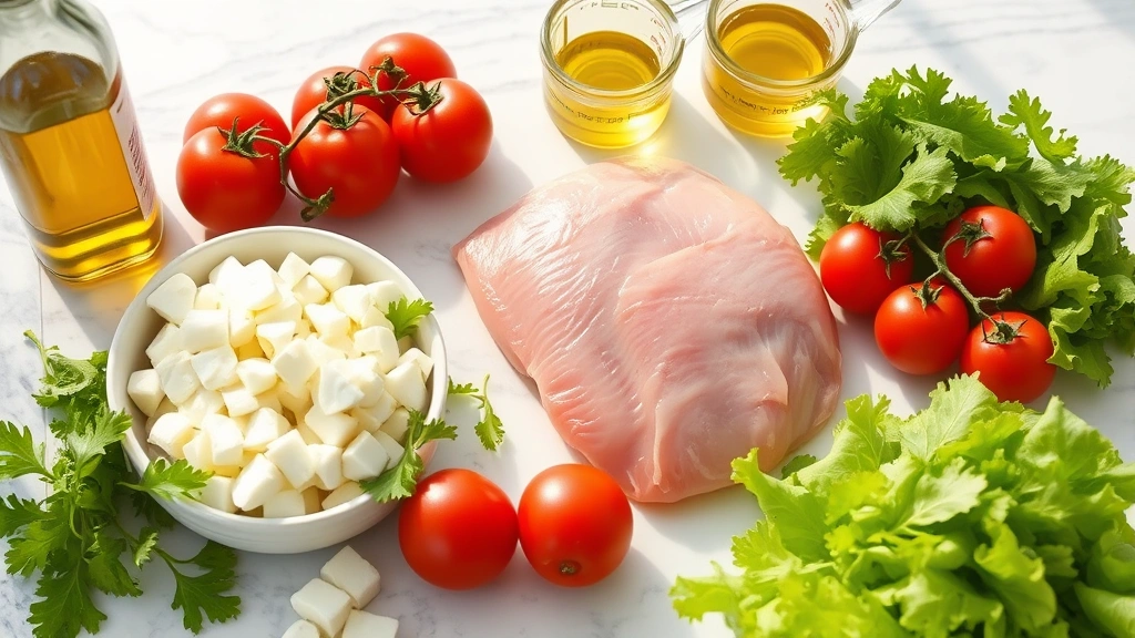 Flat lay of fresh ingredients on marble countertop: raw chicken breast, mozzarella cheese, tomatoes, lettuce, olive oil bottle, measuring cups, natural daylight