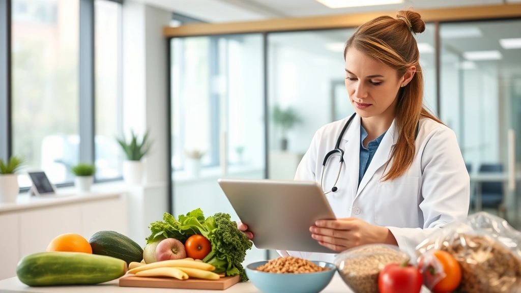 Registered dietitian in modern clinic office reviewing nutrition facts label on tablet, healthy foods on desk including vegetables and whole grains, professional healthcare setting