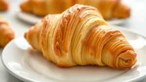 Close-up of a buttery, golden-brown croissant with visible flaky layers on a white ceramic plate, professional bakery photography with soft natural lighting