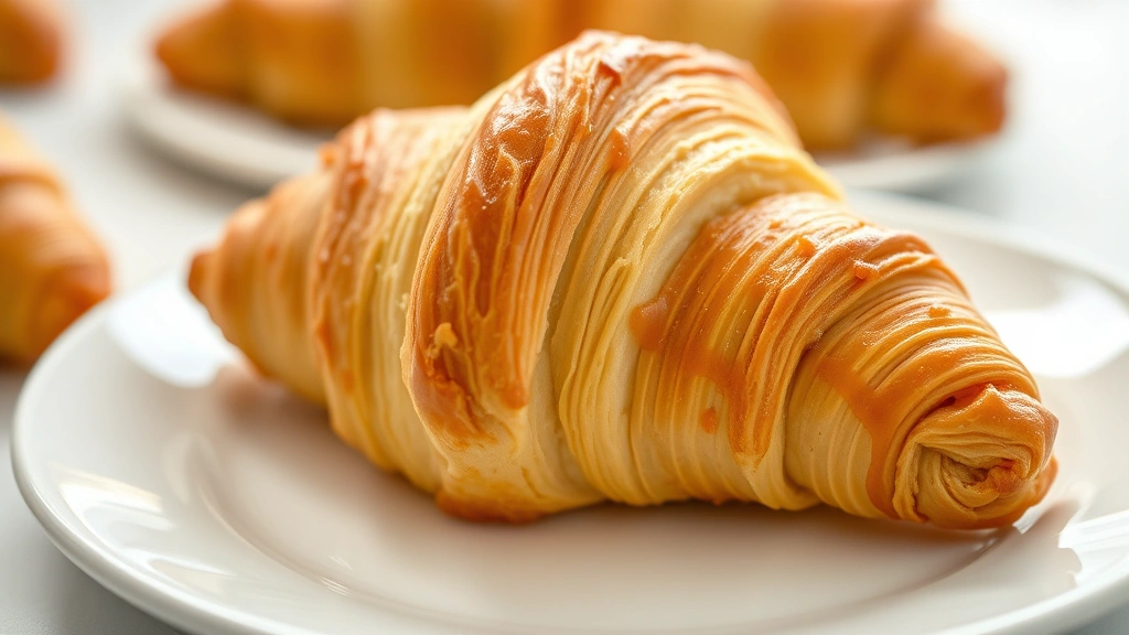 Close-up of a buttery, golden-brown croissant with visible flaky layers on a white ceramic plate, professional bakery photography with soft natural lighting