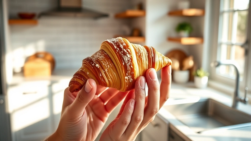 Hands holding a croissant in a modern kitchen, morning sunlight streaming through window, realistic texture showing butter and flour on hands, lifestyle photography