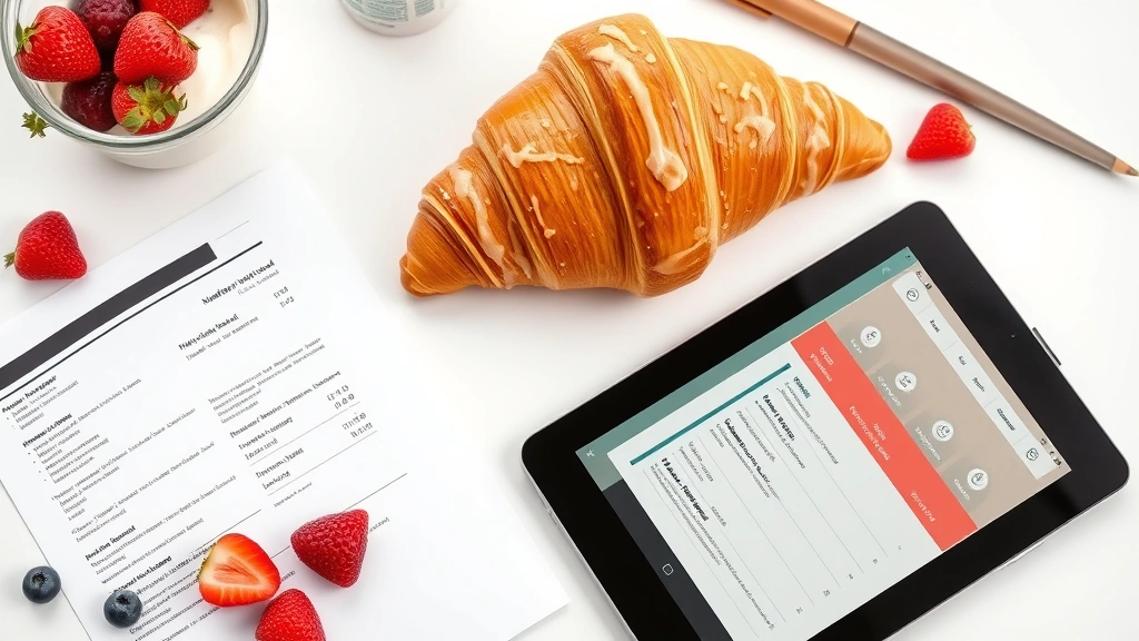 Nutritionist's desk with croissant, fresh berries, yogurt, and nutrition label documents, flat lay composition with tablet showing nutrition app, professional wellness setting
