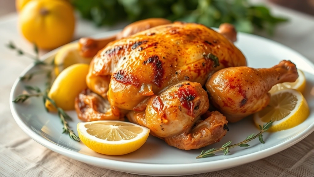 Close-up of rotisserie chicken on a white plate with fresh lemon wedges and herbs, warm golden lighting, shallow depth of field, food photography style, no text or labels visible