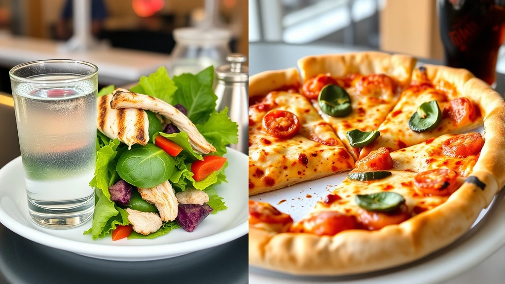 Split-screen comparison of healthy vs unhealthy food court choices: left side shows grilled chicken salad with water, right side shows pizza and soda, professional food styling, natural lighting, no nutritional information displayed