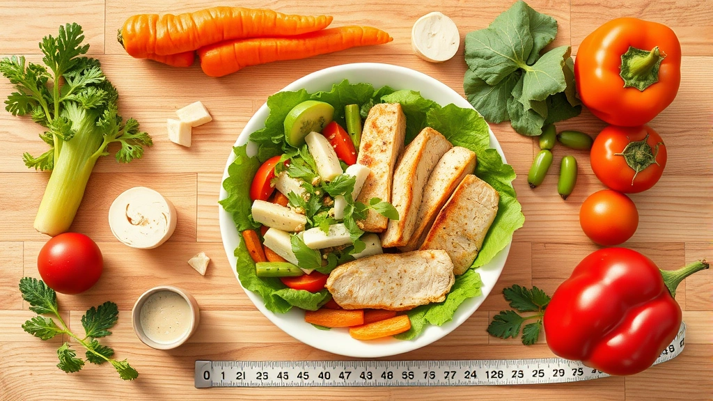 Overhead flat-lay composition of various prepared foods including salad, chicken, and fresh vegetables arranged artfully on wooden surface with measuring tape, clean minimal aesthetic, bright natural light, no visible numbers or text