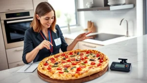 A registered dietitian in professional attire reviewing a large Costco pizza on a modern kitchen counter, with a digital scale and nutrition information notebook visible, natural daylight, professional photography style