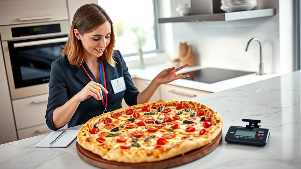 A registered dietitian in professional attire reviewing a large Costco pizza on a modern kitchen counter, with a digital scale and nutrition information notebook visible, natural daylight, professional photography style