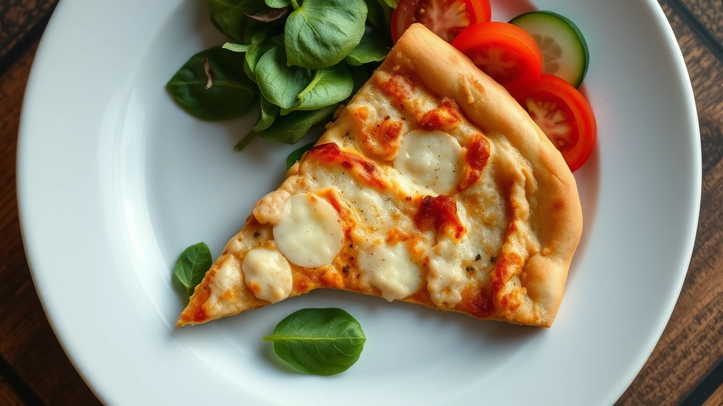 Close-up overhead shot of a single slice of Costco cheese pizza on a white plate with fresh salad vegetables (spinach, tomatoes, cucumbers) arranged on the side, emphasizing balanced meal composition, warm studio lighting
