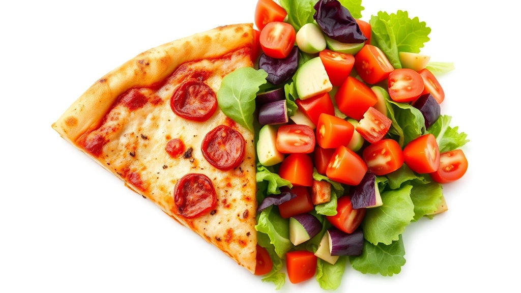 Split-screen comparison showing a slice of Costco pizza on one side and a colorful vegetable-rich salad on the other side, with subtle nutritional overlay graphics, professional food photography, clean white background