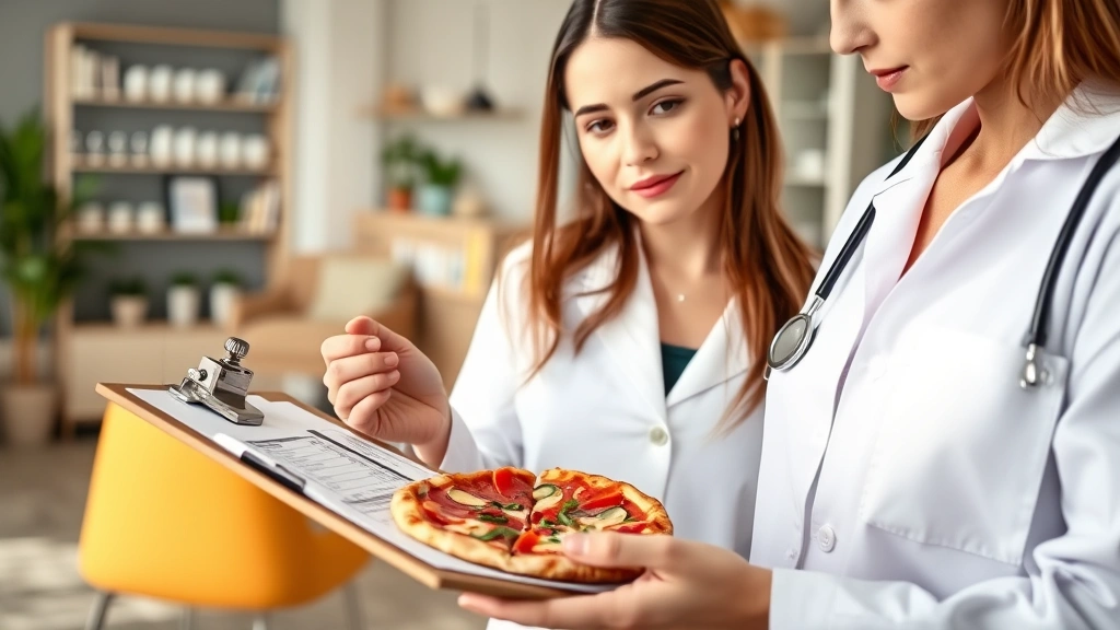 Professional nutritionist analyzing pizza nutrition facts on clipboard in modern wellness clinic setting, natural lighting, focused on data and documentation