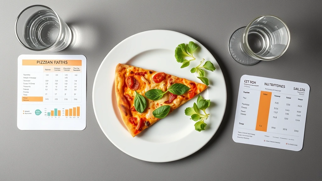 Overhead flat lay of pizza slice on white plate with fresh vegetables, water glass, and nutritional information chart arranged around it, clean minimalist style